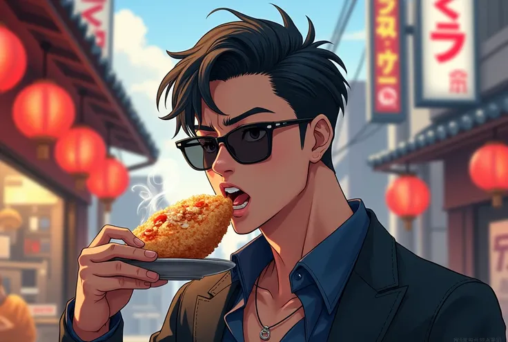 Handsome anime guy with sunglasses eating takoyaki