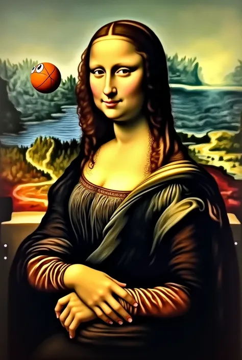 Make Mona Lisa make a 3-pointer in basketball but the ball is PAC Man
