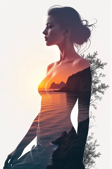 high quality, 8K Ultra HD, A beautiful double exposure that combines an goddess silhouette with sunset coast, sunset coast should serve as the underlying backdrop, with its details incorporated into the goddess , crisp lines, The background is monochrome, ...