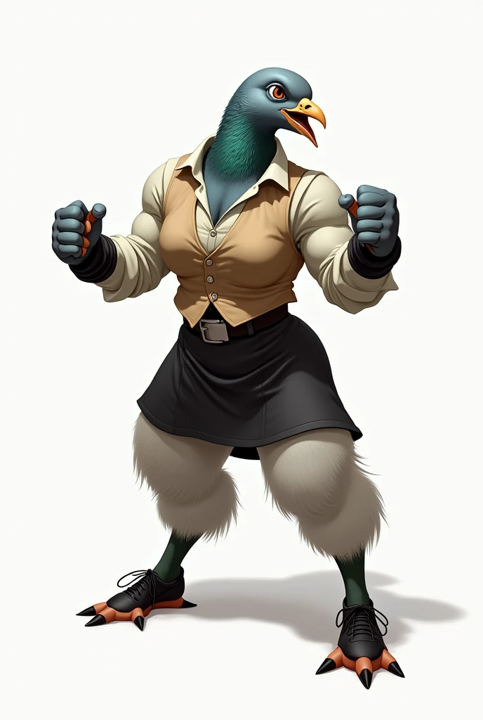 A gray female pigeon wearing an off-white collared short-sleeved shirt, a light brown vest, a knee-length black skirt, dark green socks and black shoes.、Muscular like a bodybuilder、Mouth wide open、Fighting Pose、Photo-realistic images、Background is white