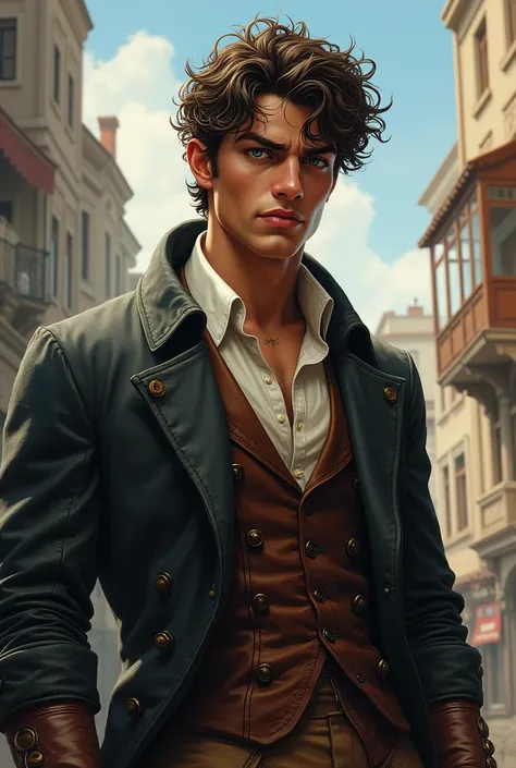 A young 21 year old, stocky man with very dark brown, silly, untamed short hair and ice blue eyes. muscular, but not too much. Dates from the 19th. Century and is the son of a wealthy merchant. He is wild and strives for freedom. He is a young and spontane...