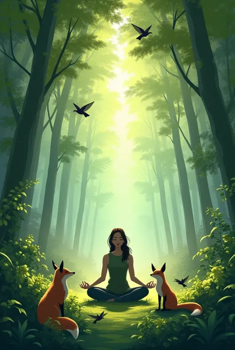 A person meditating in the middle of the sclerophyllous forest, surrounded by foxes and hummingbirds 