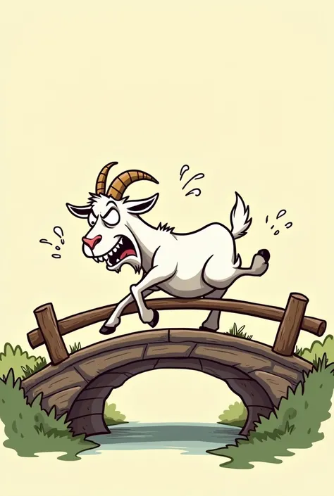 Cartoon one angry goat fall on the bridge 