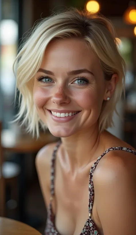 woman, short blonde hair, beautiful, blue eyes, freckles, skin texture, smiling, sitting in a cafe, super realistic::2 --s 1000