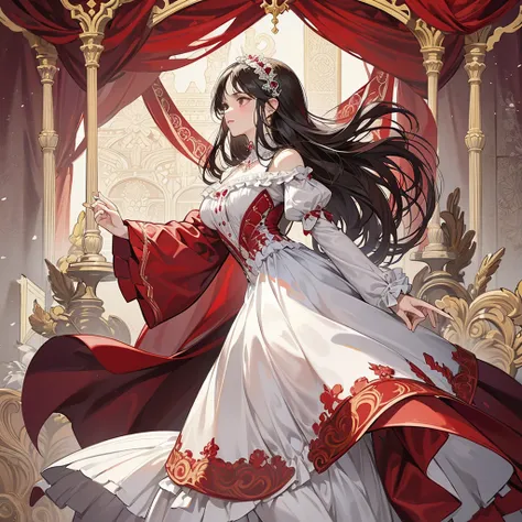 A costume design drawing of an elaborate flamenco dancer, with ornate patterns and ruffles in shades of burgundy reds and whites. The background is a white canvas, and the illustration includes elements such as cards, playing pieces, and dice. in the style...