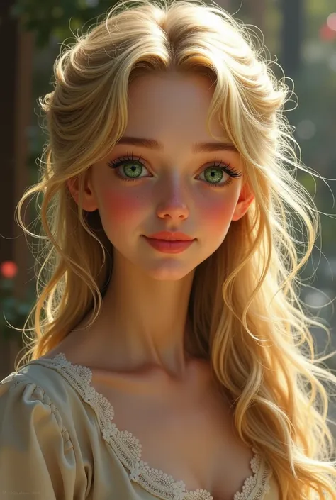 Imagine a young woman from the 19th. Century before, about 19 years old. She has long, shaggy, blonde hair, that fall wild and untamed around her face. Her green eyes radiate joie de vivre and are set by a narrow, oval face framed. Her skin is light and sl...