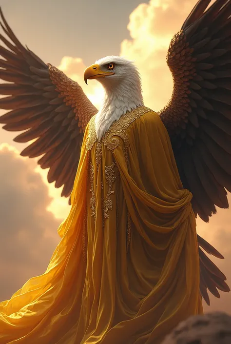 Make a picture of eagle wearing a golden dress 