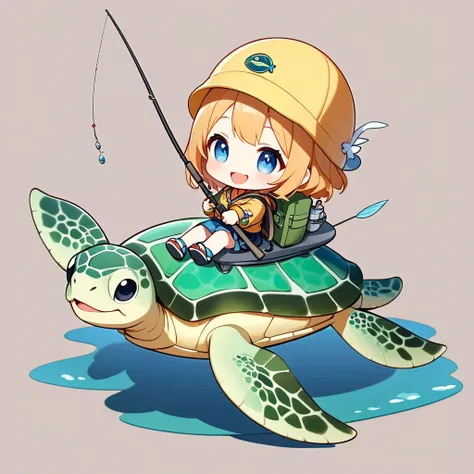 ultra-small deformation, chibi cute, 1girl, solo, full body, fisherman costumet, fishing rod on shoulder, riding on a sea turtle...