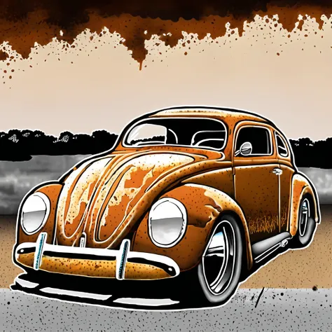 old rice parked on the side of the road, beetle, inspirado em beetle, again 67, restomod, (((rusted))), pintura de carro de cobr...