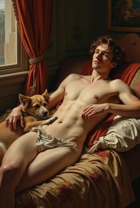 Create a reinterpretation of the painting "Venus of Urbino" by Titian as a man with brown hair with a dog lying near the half-naked man with his penis outside