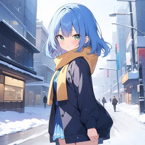 best quality,ultra-high resolution,1 girl,solitary,whole body,snow,city,, blue hair,green eyes,jk,uniforms,