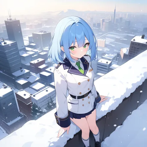 best quality,ultra-high resolution,1 girl,solitary,whole body,snow,city,, blue hair,green eyes,jk,uniforms,