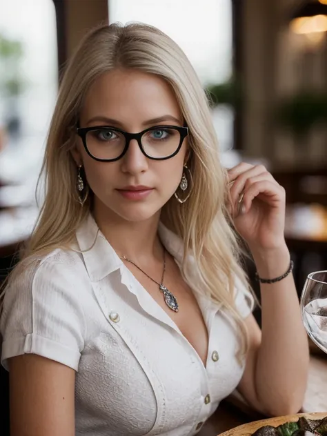 front view, sitting pose, in French restaurant, (Escargot, a Cognac in glass,on table), night  beautiful young French girl, (28 age old, blond hair, long hair, gray eye,little lip , earring neckless, black eyeglass), (C cup breasts, wide hip). (White Docto...