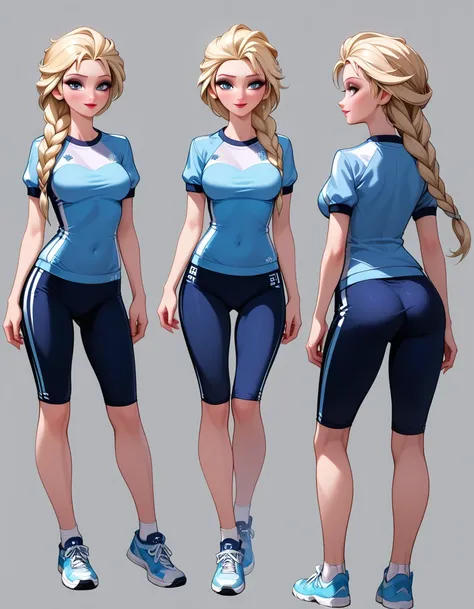 score_9, score_8_up, score_7_up, score_6_up, sketch_sheet, solo, BREAK 1girl, (Elsa, blonde, braid:1.3), dominant gorgeous girl, same character, BREAK perfect lips, tall, (Sexy woman), (sexy gym uniform:1.4), sneakers, BREAK frontal body view, back body vi...