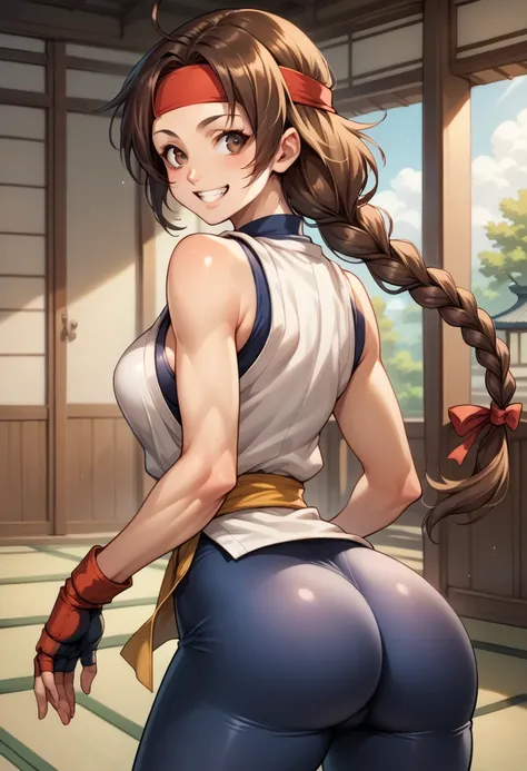 score_9, score_8_up, score_7_up, BREAK, score_9, ysakazaki, happy, teeth, smile, brown hair, brown eyes, single braid, dougi, spandex, headband, fingerless gloves, cowboy shot, ass, from behind, dojo