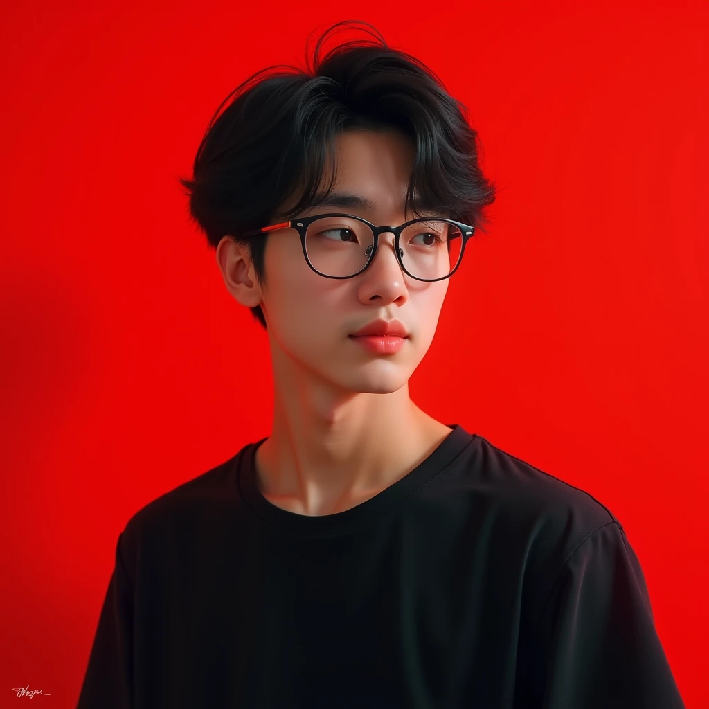 Korean teenage boy wearing black t-shirt with glasses,HD,4k,realistic, Red background