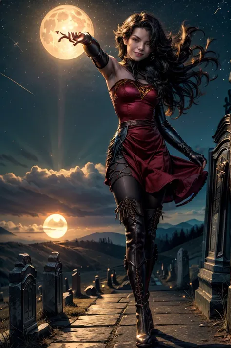 (masterpiece, best quality:1.2), cowboy shot, dynamic pose, holding flame, solo, 1girl, cinder fall, smiling, looking at viewer, long hair,  red dress, elbow gloves, pantyhose, night, stars, moon, walking through rundown graveyard on hillside, ancient cryp...