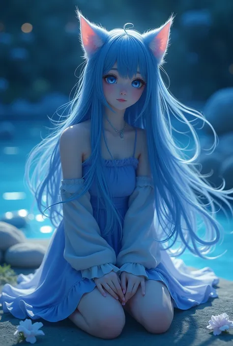 unparalleled masterpiece, ultra realistic 8k CG,masterpiece,pov,1girl, solo, alone, white cat ears,, long hair, blue sapphire eyes, sitting, kneeling, full clothed, masterpiece, best quality, ultra detailed, (long exposure:1.2),dynamic streaks, vibrant col...