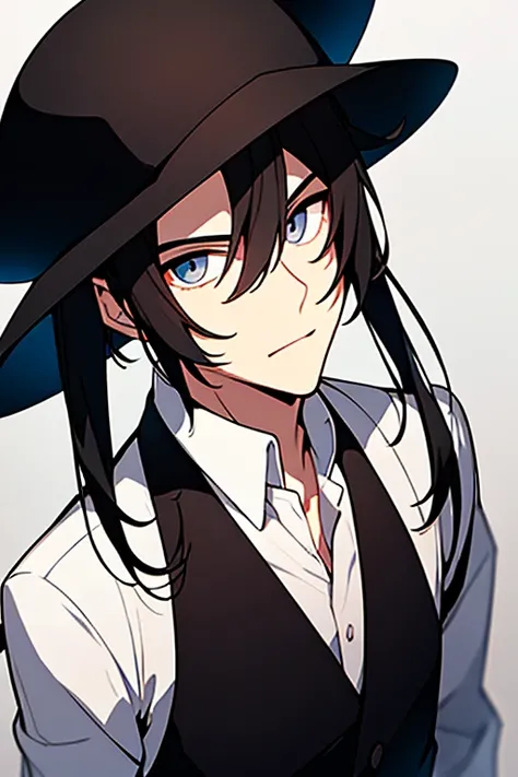 A white man BLACK HAT BLACK HAIR he is anime style