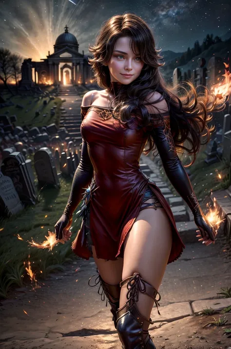 (masterpiece, best quality:1.2), cowboy shot, holding flame, solo, 1girl, cinder fall, smiling, looking at viewer, long hair,  red dress, elbow gloves, pantyhose, night, stars, walking through rundown graveyard on hillside, ancient crypt, cracked tombstone...