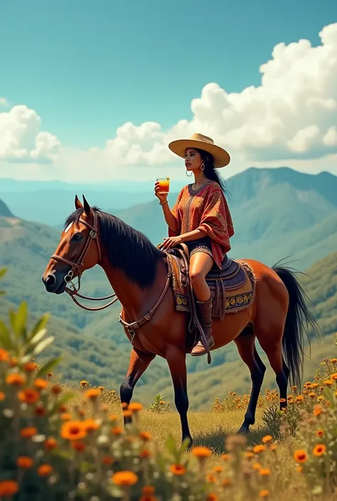 Brazilian woman wearing gaucho clothing riding a Creole horse and drinking chimarrão while looking at the landscape