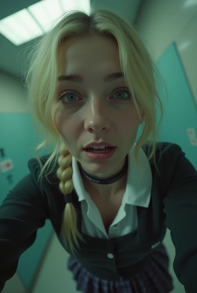 selfie, extreme close up photo, 18 yearvold irish girl,hourglass figure,  breasts, seducing in a school bathroom, blonde pigtails, choker, horrified expression, screaming, pale skin, looking at viewer, school uniform, (cinematic:1.3), intricate details, (A...