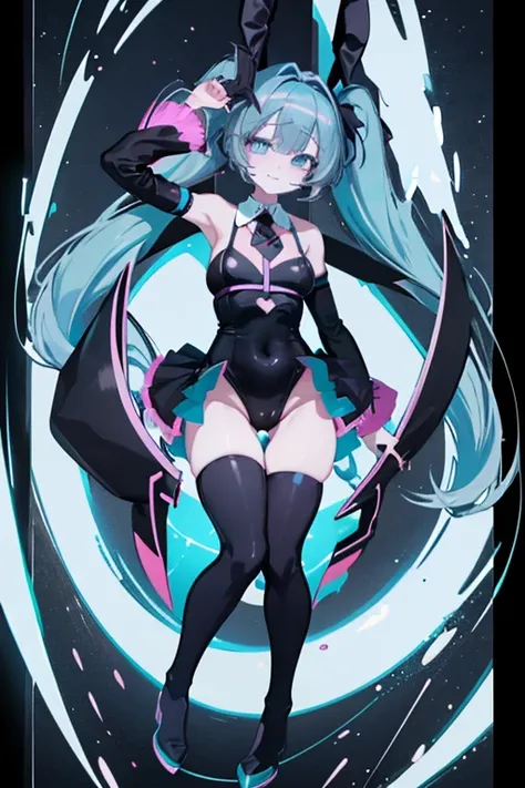 ((Highest quality)), ((masterpiece)), Official Art　Unity　8k　hatsune miku　hatsune mikuコスプレ　Black Rabbit Ears　Large Breasts　black sleeves　Black Bunny Suit　smile　Twittail Hair　Very long hair　Aqua Eye　Aqua Hair　Black boots　 (((From above)))

information