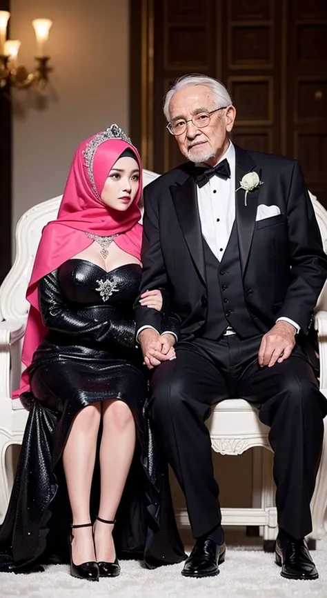 an 80 year old man married to a 17 year old teenage girl, the old man wore a black suit, black trousers and black office shoes. while a teenage girl wears a pink hijab, white strapless wedding long dress, with red lips, exposed chest. old man and teenage g...