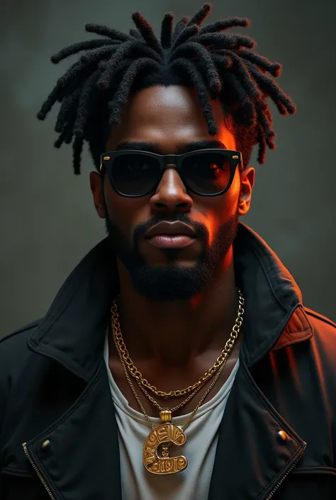 A dark-skinned man with curly hair With a necklace that says E VT With glasses And gold teeth 