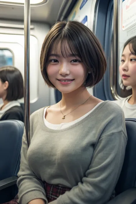 Highest quality, masterpiece, Ultra-high resolution, (reality: 1.4), Original photo, Three Women, mature, Smile, short hair, Plump body, , Cinema Lighting, From below, High school girl on a crowded train、