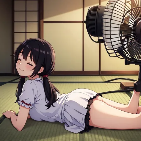 1girl, 16yo,

lying, on stomach,

(hands on tatami:1.2),

smile, (closed eyes:1.2),
(frill blouse:1.2), white blouse, short sleeve, (collarless), black skirt, barefoot,

tatami, house,
(electric fan:1.2), (wind:1.2),
indoor,
day, summer,

BRAKE
black hair,...