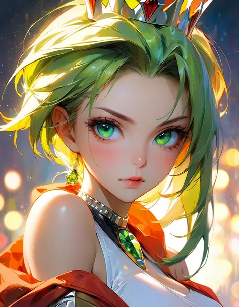 estilo filme dos horrores neon verde espalhado em torno concept art by Pino Daeni, Jeremy Mann, Greg Rutkowski, Konstantin Razumov, Vladimir Volegov Realistic closeup portrait of a model 4k beautiful vegeta sexy Sensual soft ONLY  green diamond eyes orange...