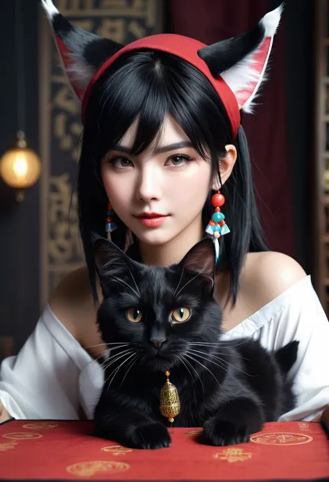 Monster Girl, Cat ear,20th Generation, fortune teller,Realistic Women, Black Hair,cute,front