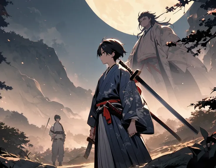 a samurai standing in the wilderness with a huge full moon in the background、15 year old male、holding a long japanese sword in h...