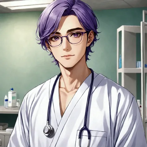 man, 19 years, purple hair, medical gown, Glasses