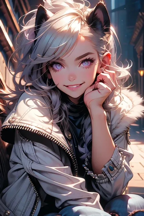 Perfect face. Perfect hands. A young silver haired woman with violet eyes and silver cat ears and a fluffy cat tail in a frilly leather jacket and jeans is smiling while leaning forward in a haunted house.
