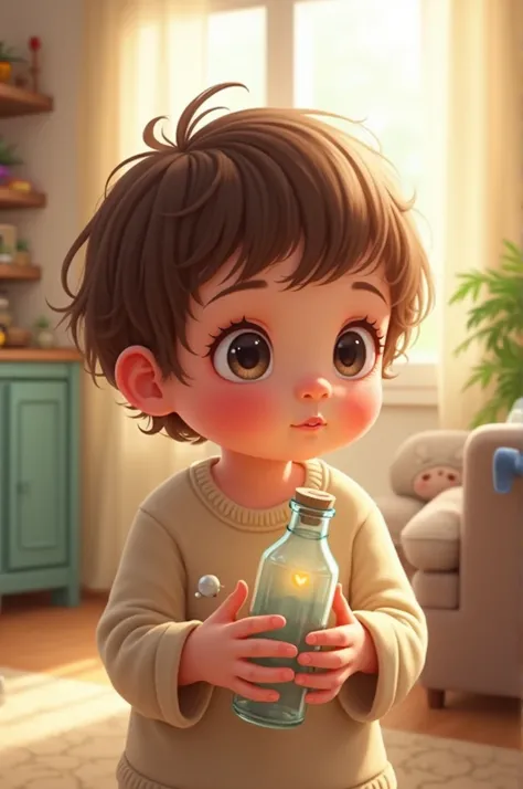 Cute child holding an empty glass bottle