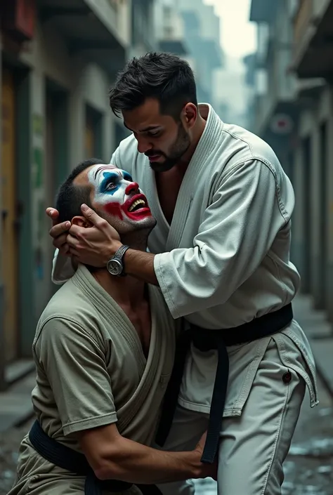 Create a white belt jiu-jitsu soldier applying a chokehold to a criminal with clown makeup