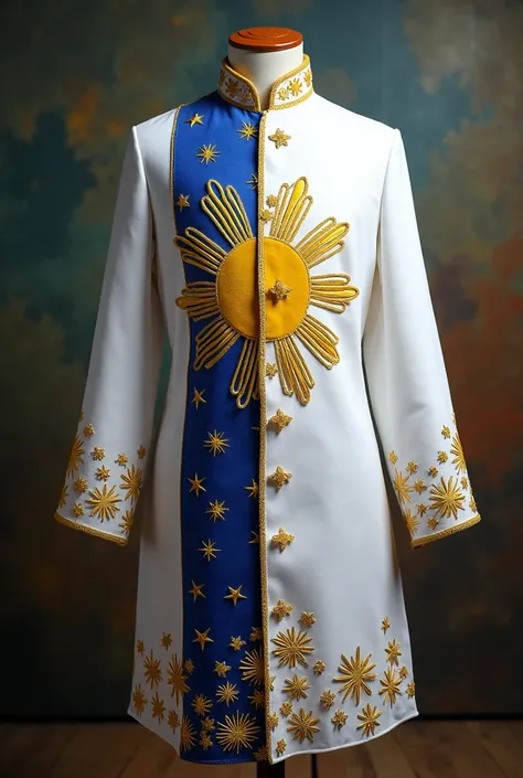 Make a philippine flag inspired white long sleeve barong design with details of the parts of flag with a touch of blue and blue colors and yellow stars and sun in the different parts of the barong make it like the national costume of philippines