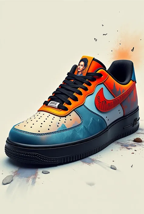 design for me an air force 1 shoe. Make it a Tate mcrae ( the singer) theme from the video run for the hills on youtube with the text: run for the hills. I want another text: T8. Make the most beautiful shoe that ever created