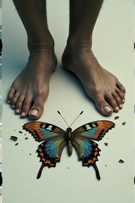 A butterfly crushed half under the feet