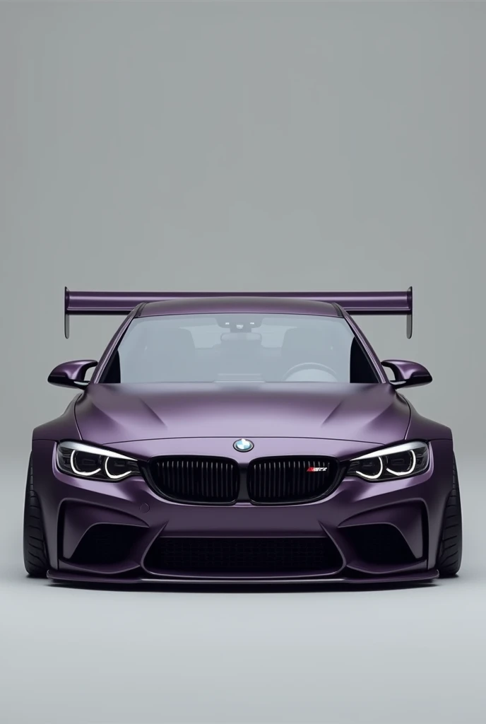 A full picture of a low bumper BMW in the color of dark purple matte and with a spoiler 