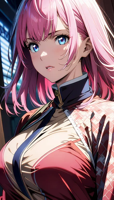 1girl,(long pink hair),(Blue eyes),(Japanese school clothe),(raise gun forward)،(big breasts),(masterpiece:1.5), (8k details:1.3), (unlimited details:1.2), (best eyes:1.4), (ultra clothes details:1.3), (highly detailed background), (vibrant colors), (dynam...