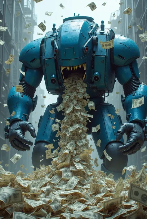 Blue long industrial shredder spewing out money