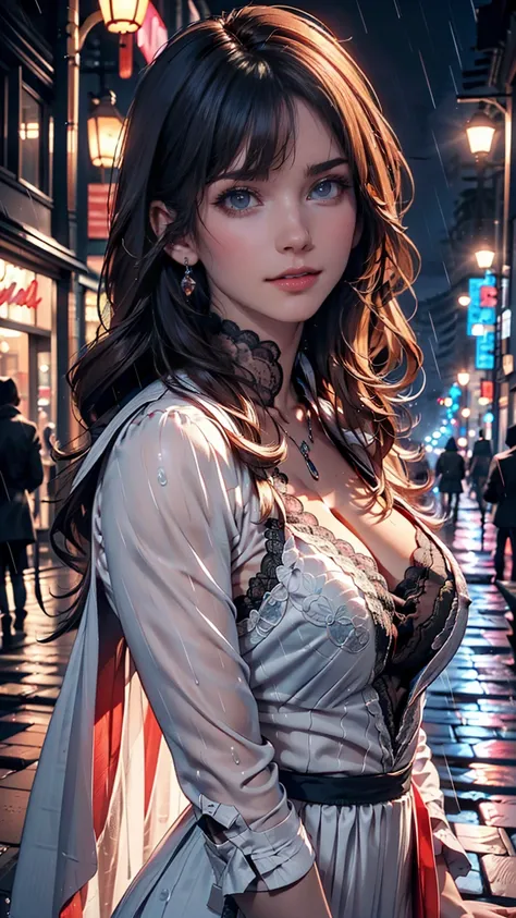 ((Highest quality, 8k, lace maxi dress, Standing in the rain, Red Light District, Highly detailed face and skin texture, Detailed eyes, double eyelid.)