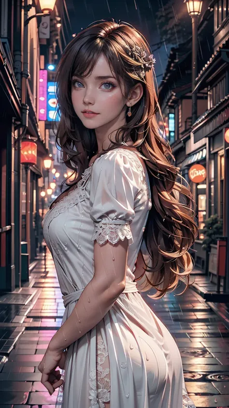 ((Highest quality, 8k, lace maxi dress, Standing in the rain, Red Light District, Highly detailed face and skin texture, Detailed eyes, double eyelid.)