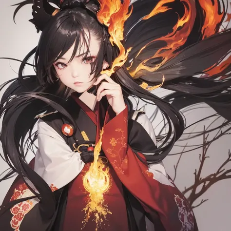 Appearance: The character should have a striking and distinct look, with traditional Japanese clothing that reflects their element (e.g., flames, water, wind, or another unique element). Their hair color and style, eye color, and accessories should complem...