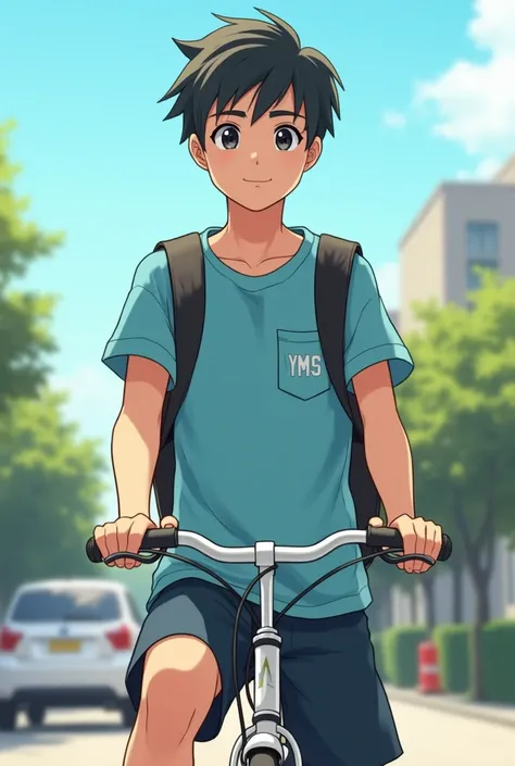 A 17 year old boy with small hair cutting with  light sky blue t  shirt  and school bag sit on white 
bicycle and the  name on the pocket of shirt is YMS 
