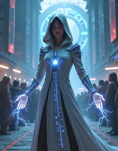 A futuristic female spellcaster wearing a streamlined, armored robe with holographic elements and glowing symbols. She’s in a high-tech arena with advanced magical constructs and an audience of diverse futuristic beings.”