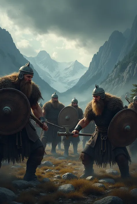 Create a detailed image of Viking warriors in action. They must be in a battle environment, with a Nordic landscape in the background. Warriors must wear typical Viking-era armor, like horned helmets (or without), chainmail shirts, and carry round shields ...